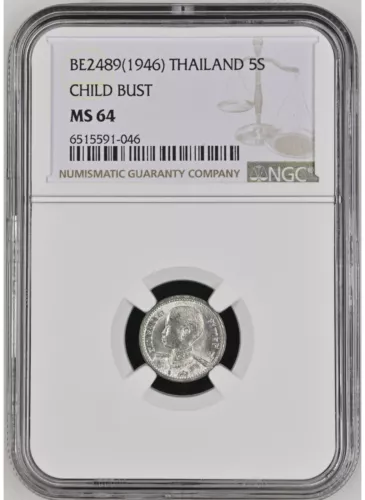 THAILAND 5 Satang 1946 (BE2489), Child Bust, NGC MS 64 Choice UNC, Lustrous. E2