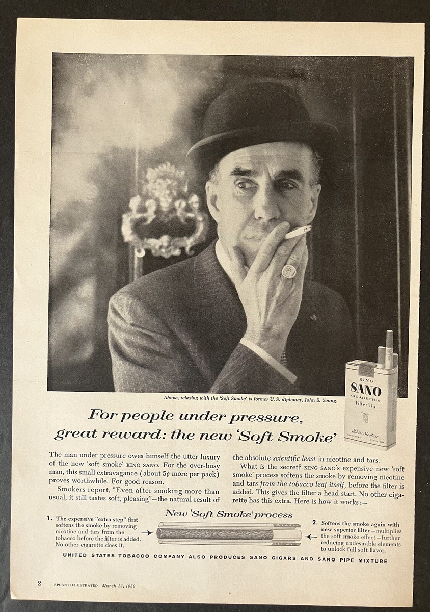 utter cigarette 1959 Sano Cigarettes The New Soft Smoke John S. Young Diplomat Vintage  Print Ad