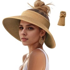 Sun Hats Visor for Women UV UPF Straw Beach Hat Foldable Wide Brim Ponytail S...