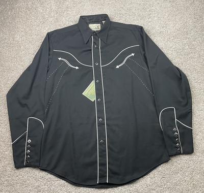 Roper Western Shirt Men's Large Black Smiley Pockets Snap Button Long Sleeve New