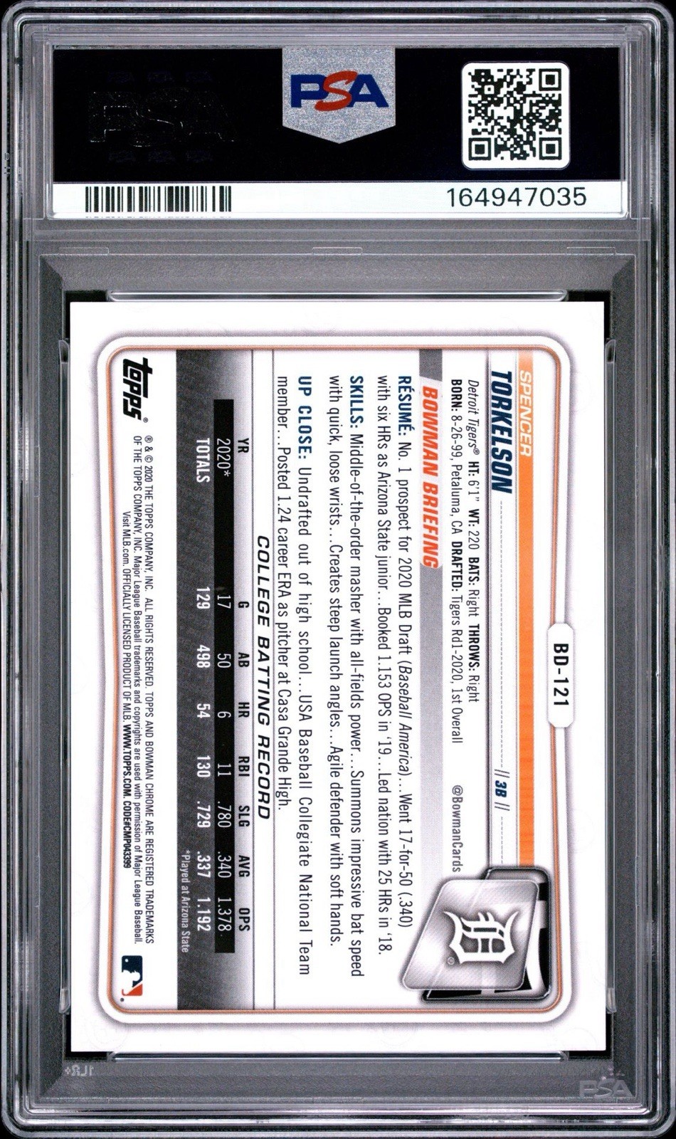 2020 BOWMAN DRAFT SPENCER TORKELSON CHROME SAPPHIRE ED-GOLD /15 PSA 10 view 2
