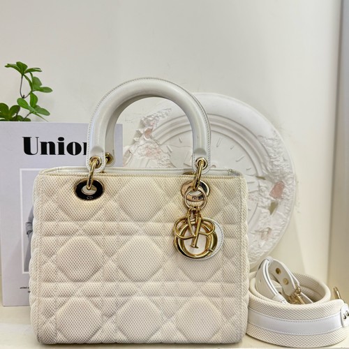 Authentic Dior Lady Dior Micro Beige Canvas Cannage Bag Gold Hardware