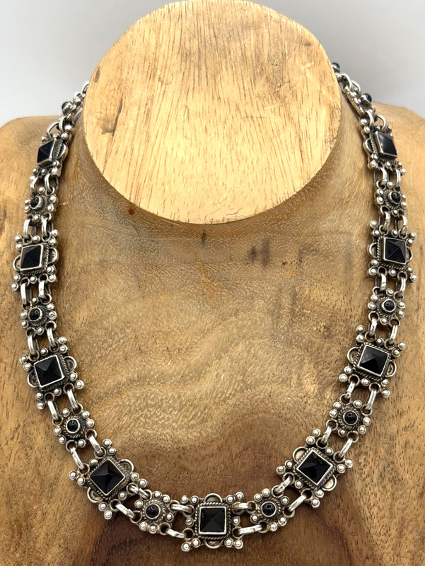 VTG MATL STYLE Sterling & OBSIDIAN Panel Link Necklace 19 In 111 Grams TAXCO