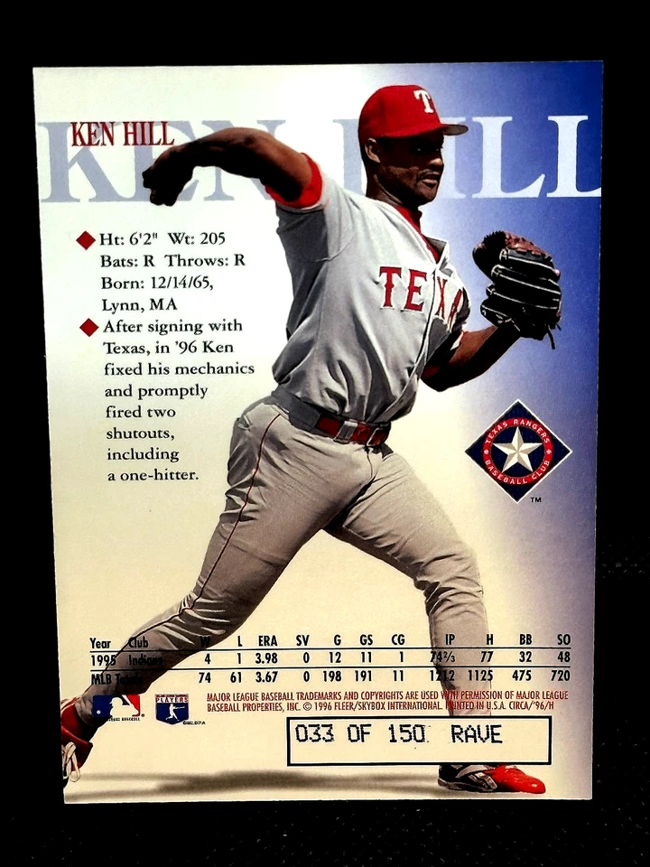 Tarjeta de Ken Hill 1996 Fleer Skybox Circa RAVE Parallel MLB SP/150 Texas Rangers Foto 2 de 2