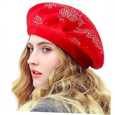  Rhinestone Beret Hats for Women 2 Layers Wool One Size Red-top Rhinestones