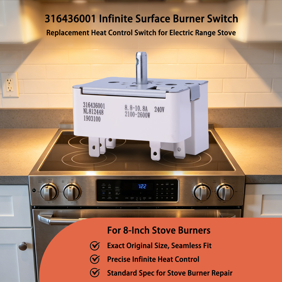 US Stock New 316436001 8" Burner Infinite Switch Fits Frigidaire Crosley Kelvina - second product detail image