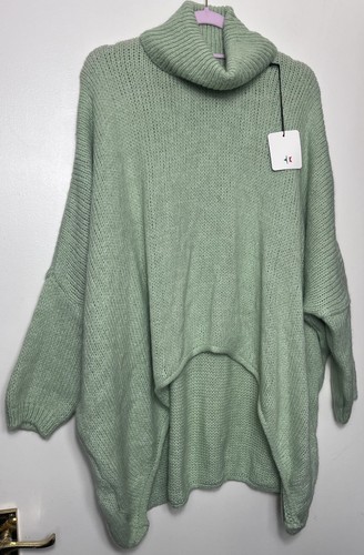 Maglione MADE IN ITALY verde menta morbido misto lana Lagenlook taglia UK 18 20 22 nuovo