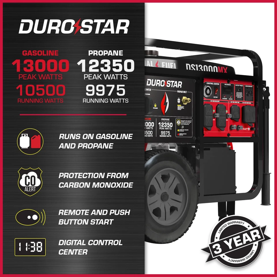Generador portátil de doble combustible DuroStar DS13000MX 13.000W/10.500W con alerta de CO Foto 2 de 4