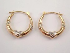 Delicate Vintage Women Estate Petite Heart Hoop Earrings 14K Yellow Gold Plated