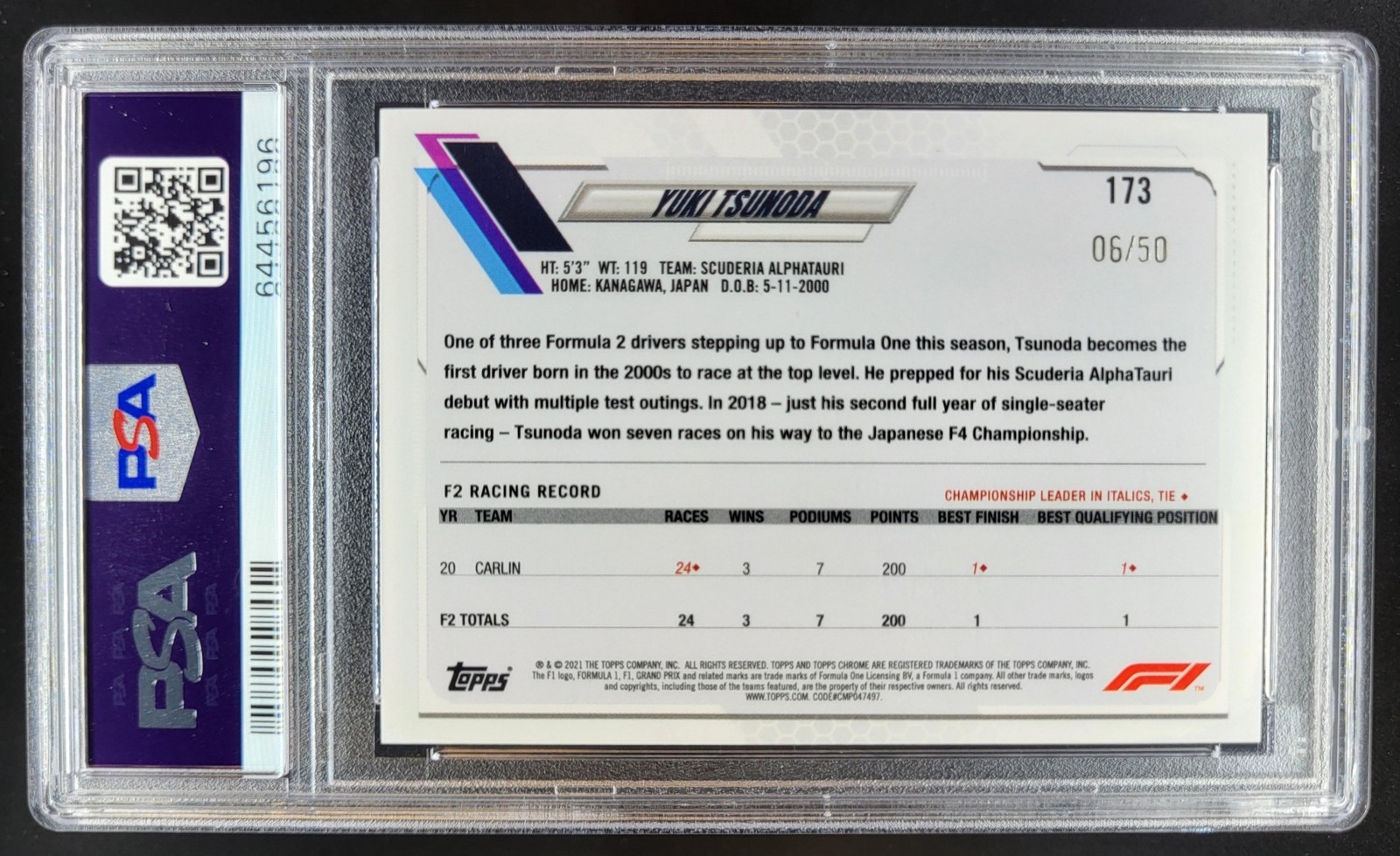 2021 Topps Chrome Formula 1 Yuki Tsunoda Gold Checker Flag /50 RC PSA 10 MC7 view 2
