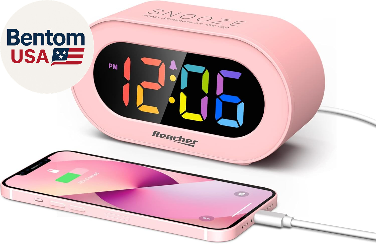 Pink Girls Alarm Clock, Dimmable Colorful LED Digital Display, USB Phone Charger