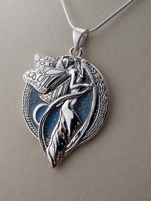 Sterling Silver Sky Blue Moonlight Fairy Celtic Art Pendant On 18'' Chain 