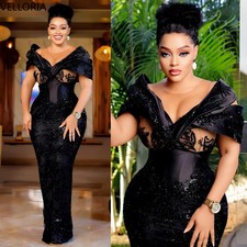 Black Sequined Aso Ebi Evening Gown with Off Shoulder Beaded Mermaid Ball Dress