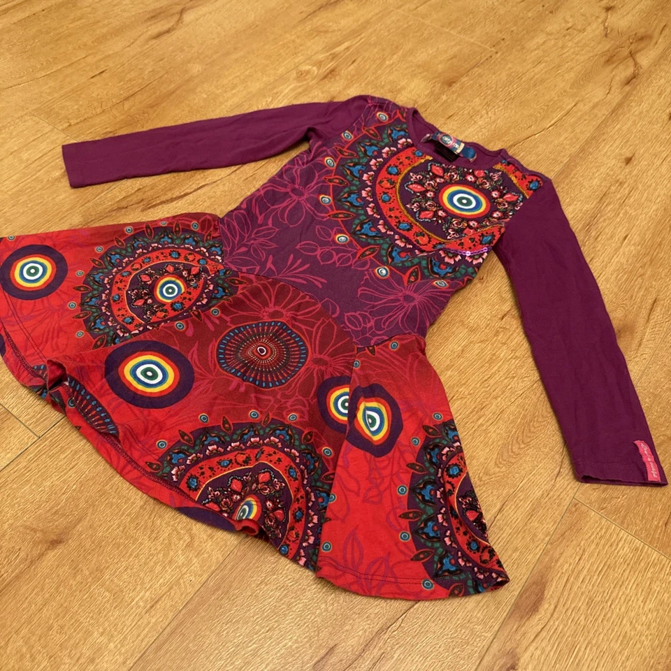 Vestido Desigual Niña Colorido Lentejuelas Algodón Orgánico Otoño Púrpura Floral Talla 5/6 Foto 2 de 4