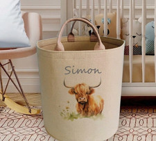 Personalised Highland Cow Laundry Basket - Custom Storage Hamper Bag blanket set