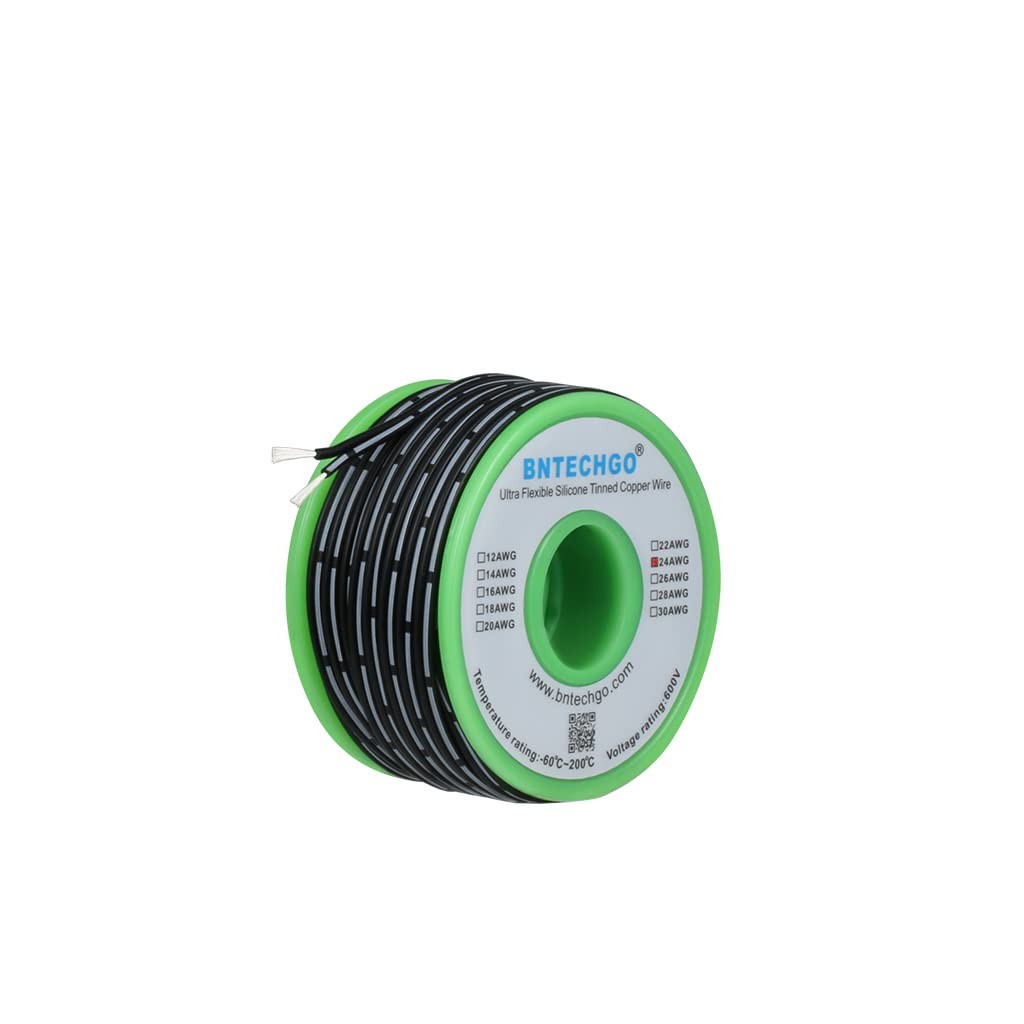 BNTECHGO 24 Gauge Silicone Ribbon Cable Flexible 2P Black 25 25ft,