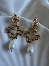 & Other Stories Gold Cross Pearl Drop Earrings | Statement Designer Earrings |