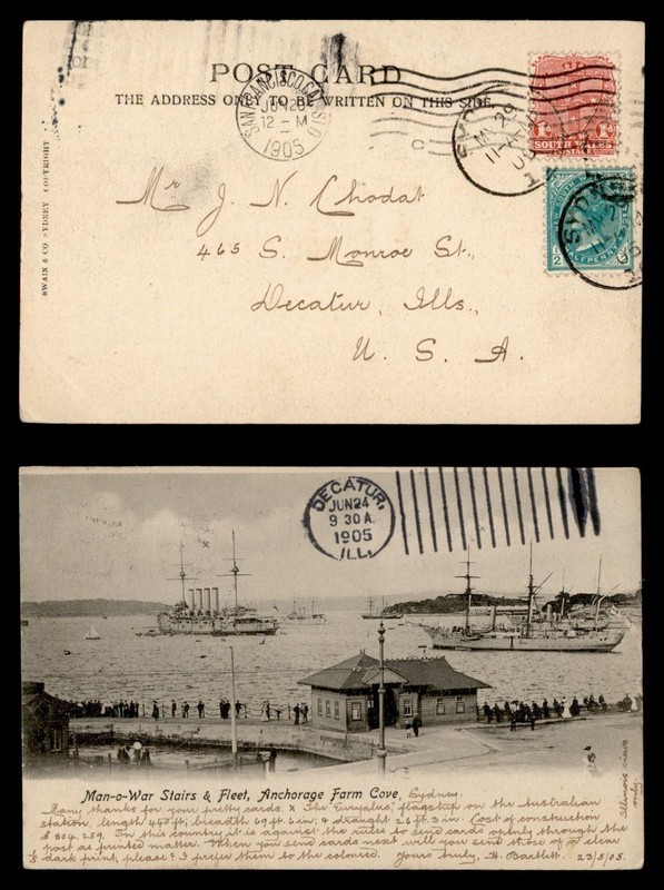 DR WHO 1905 AUSTRALIA MAN O WAR NAVY SHIP SYDNEY POSTCARD TO USA R86122