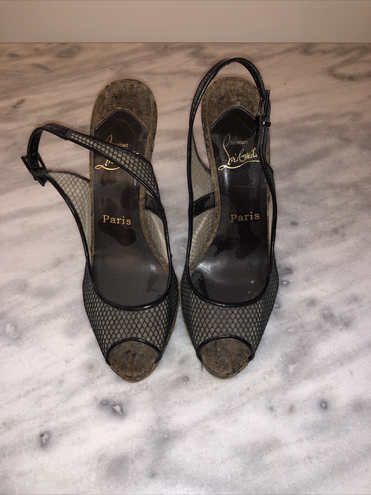 Christian Louboutin Black Slingback Cork Heel… Gem
