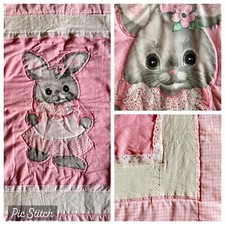 Handmade Flower Bunny Girl Quilted Baby Blanket Pink Gingham Dot Eyelet Ruffle