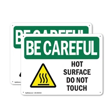 (2 Pack) Hot Surface Do Not Touch OSHA Be Careful Sign Decal Metal Plastic