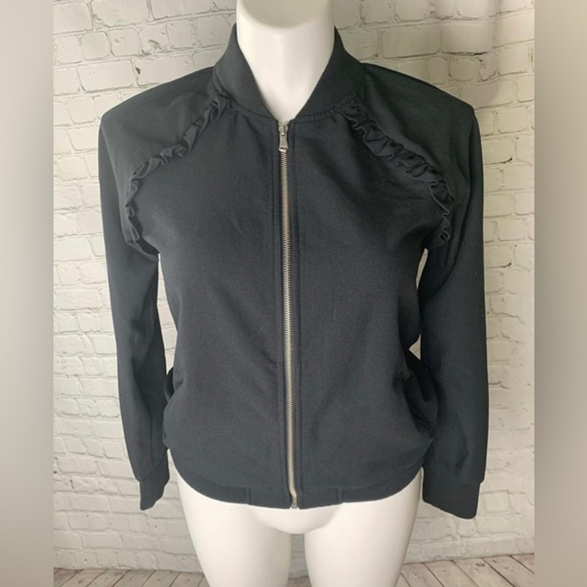 A NEW DAY Black Ruffle Bomber Jacket Size Small