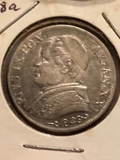 ITALY, ITALIAN STATES. PAPAL STATES. SILVER 1 LIRA, 1866. POPE PIUS IX.