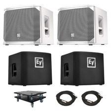 2x EV ELX200-12SP White 12" powered subwoofers with covers and dollies