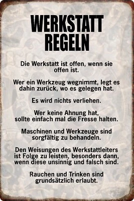 Blechschild 20x30cm gewölbt Werkstatt Regeln Sprüche Deko Geschenk Schild