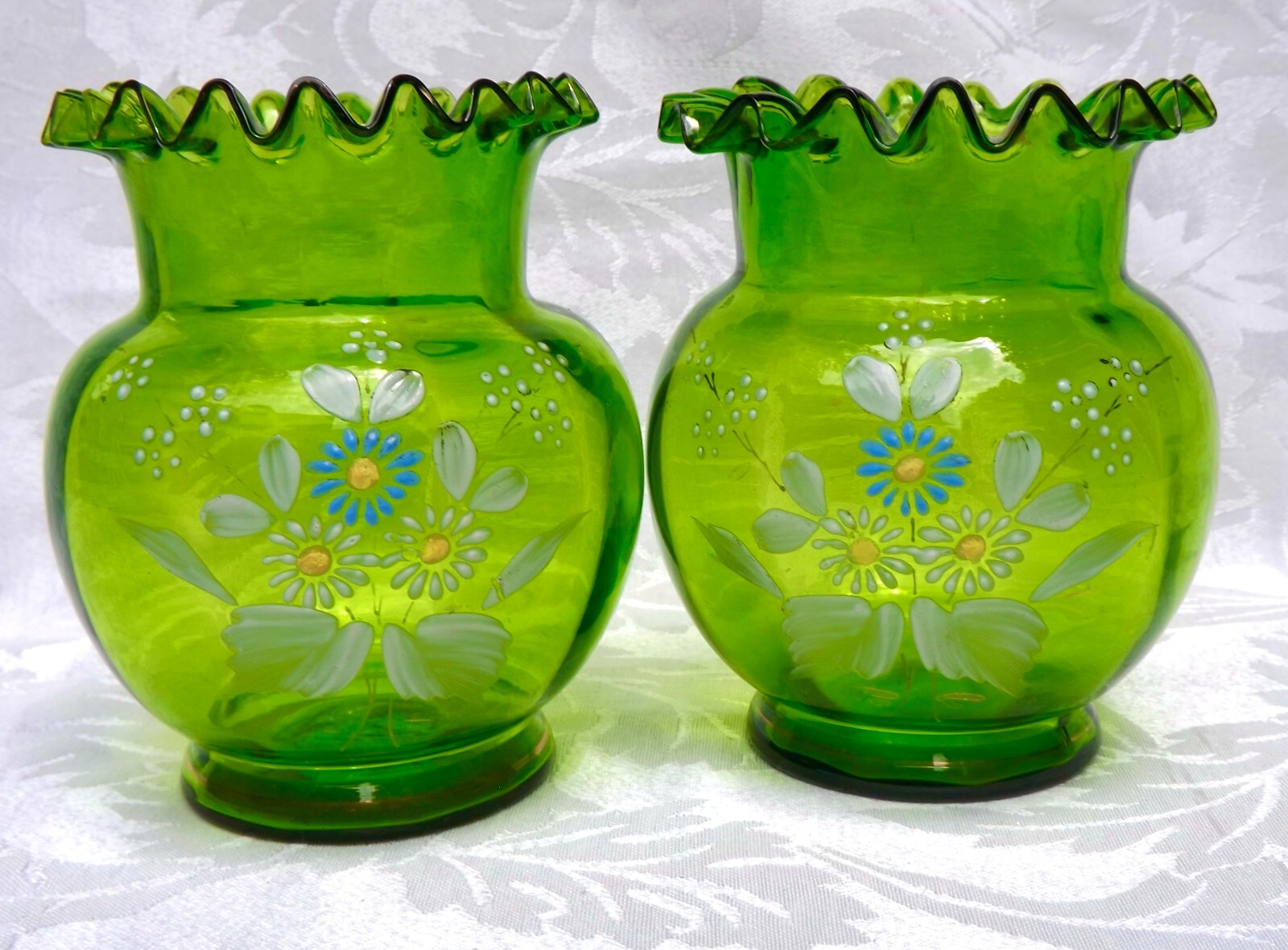 Vintage Green Fluted Edge Glass Vases w/ Hand Painted White & Blue