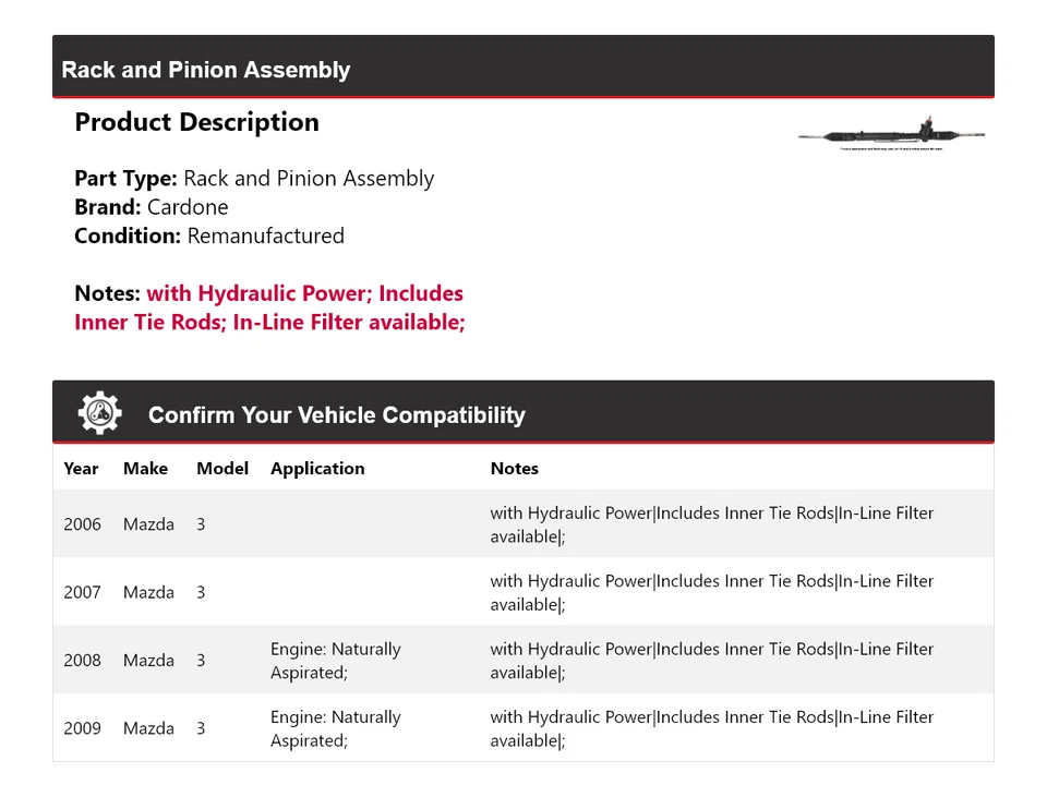 Conjunto de piñón y cremallera Cardone 2007 2008 para Mazda 3 2006-2009 Foto 2 de 4