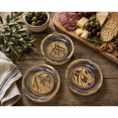 Vintage Glass Coaster Set of 3 Olive Branch Cork Back Tuscan Charcuterie Decor