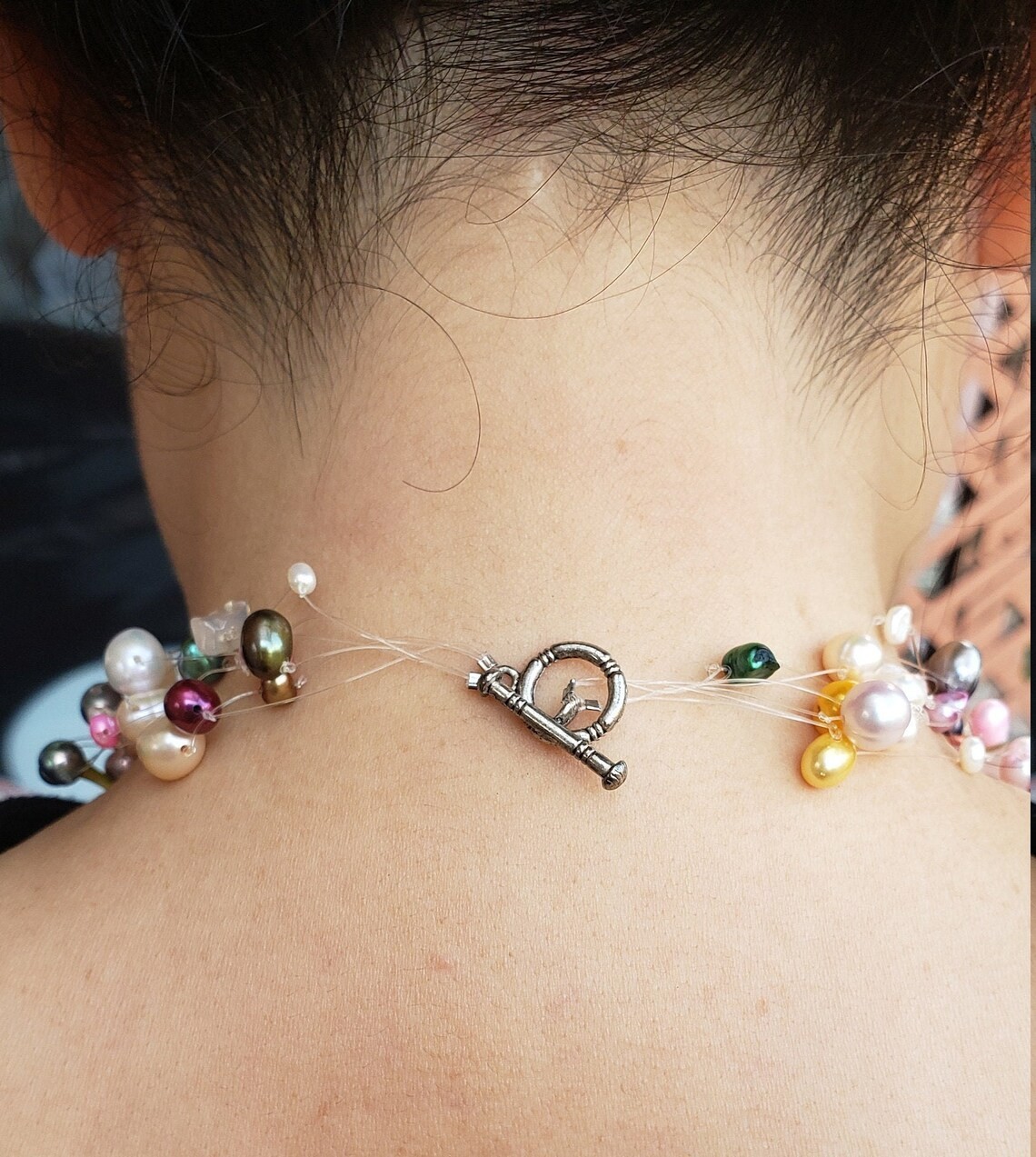 Multicolor Pearl illusion Statement Necklace - 17… - image 3