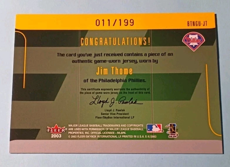 Jim Thome Game Used Card /199 Fleer 2003 Ex Behind The Numbers Phillies 2 Color - Image 2 of 4