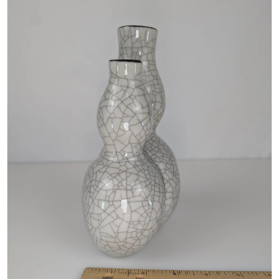 Vtg Crackle Double Gourd Vases White Glaze Ceramic Asian Decor MMA WAQ 1994 - Image 3 of 4