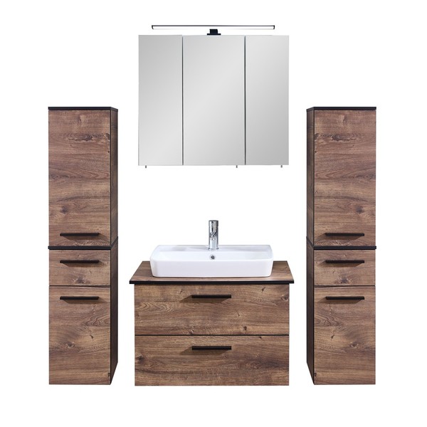 BadmöBel Set Spiegelschrank Waschtisch Keramik-Waschbecken Hochschrank Eiche-image