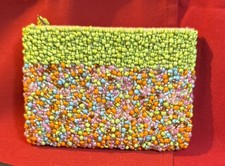 Beaded Clutch/Wristlet Zippered Pouch, Lemon-Lime With Multi Colored Beads NWOT