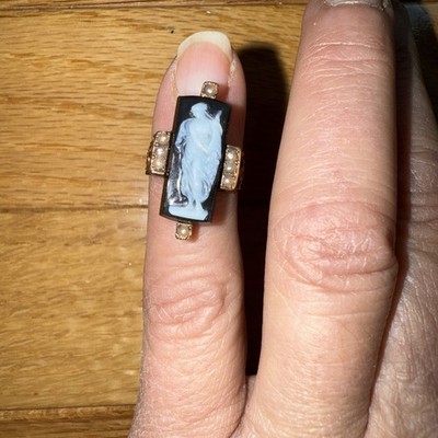 Victorian 14k Rose Gold Tombstone Cameo Ring Black Agate 5.4g Seed Pearls Sz 3.5