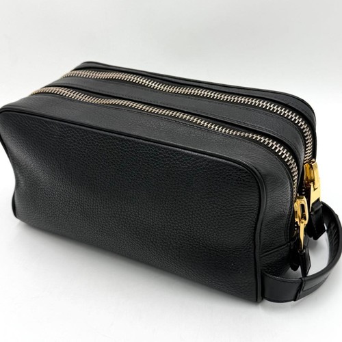 Tom Ford Clutch Bag W-Zip Leather Black Gold Used Authentic