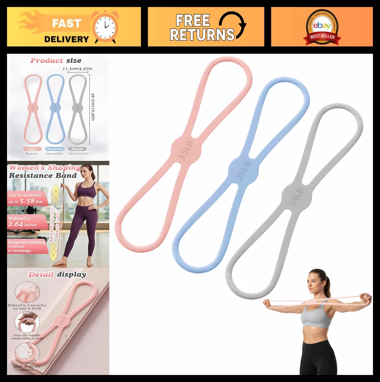 3 PCS Figure 8 Resistance Bands Set - 15, 25, 35 Lbs for Arm Workouts, Non-Slip