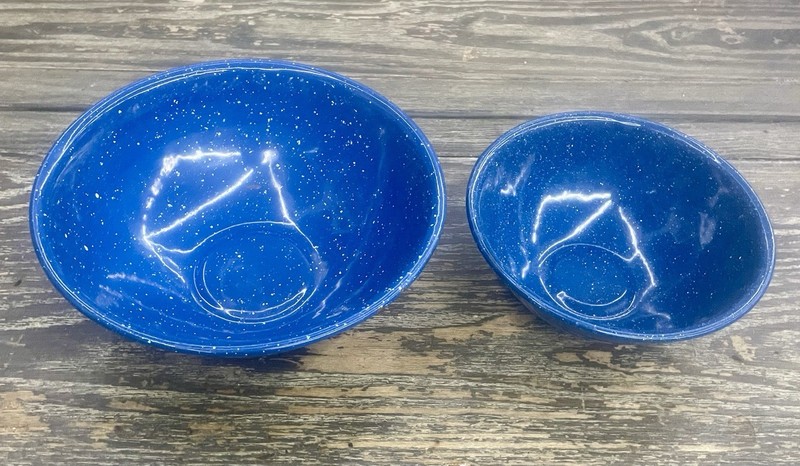 6-Piece Vintage Blue Speckled Enamelware Dish Set - Plates & Bowls Lot
