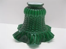 Vintage Green Ruffled Student Lamp Shade White cased Glass 2" fitter