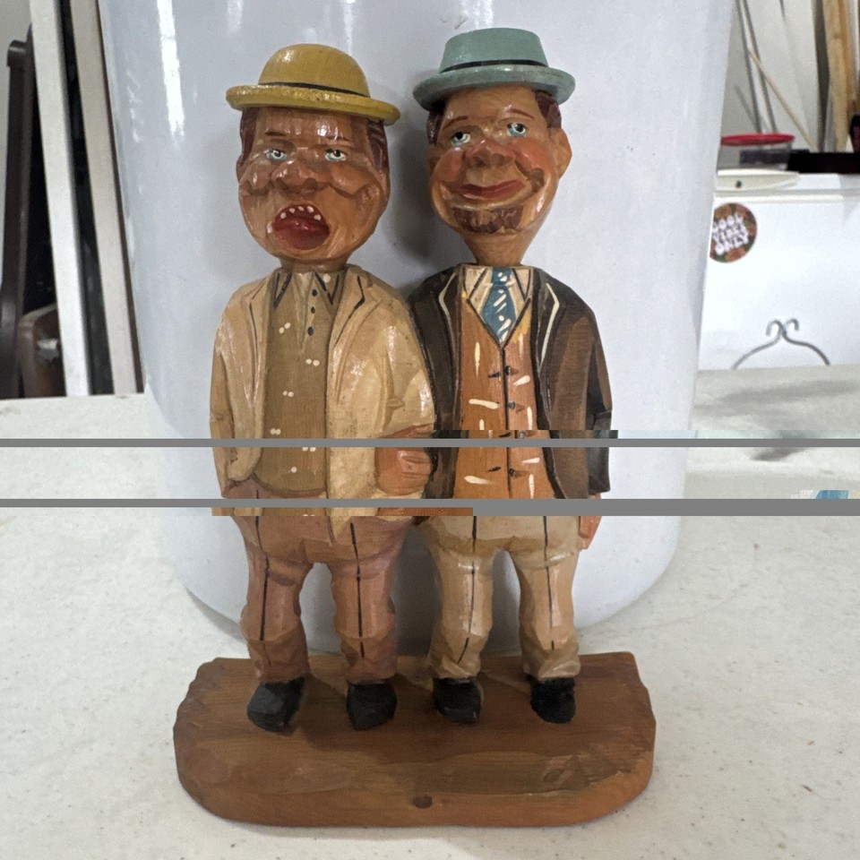 Vtg Anri Hand Carved Bar Set Men Arm In Arm, Bottle Opener & Corkscrew folkart 