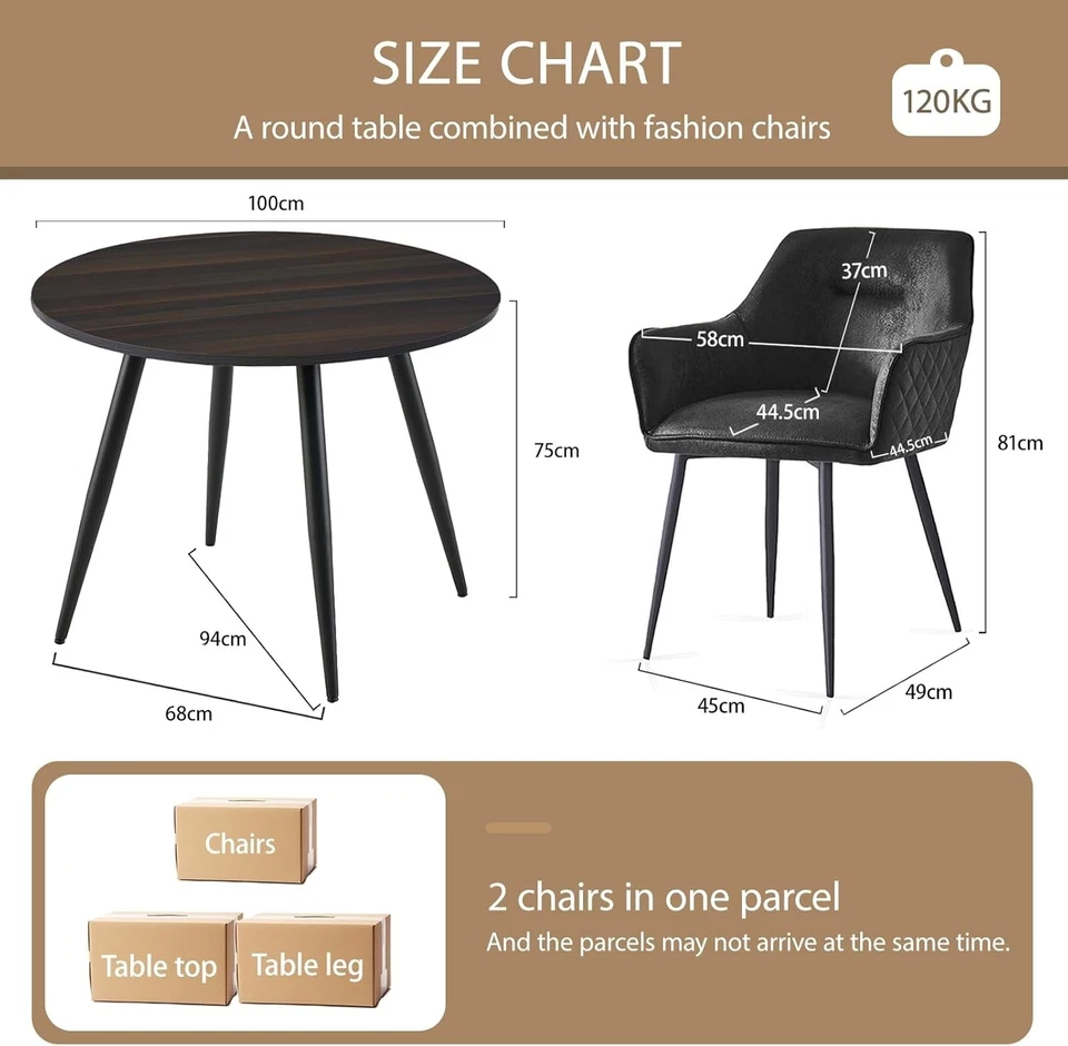 Round Dark Walnut Dining Table Set with 2 Black Faux Suede Chairs Kitchen - Image 2 of 4