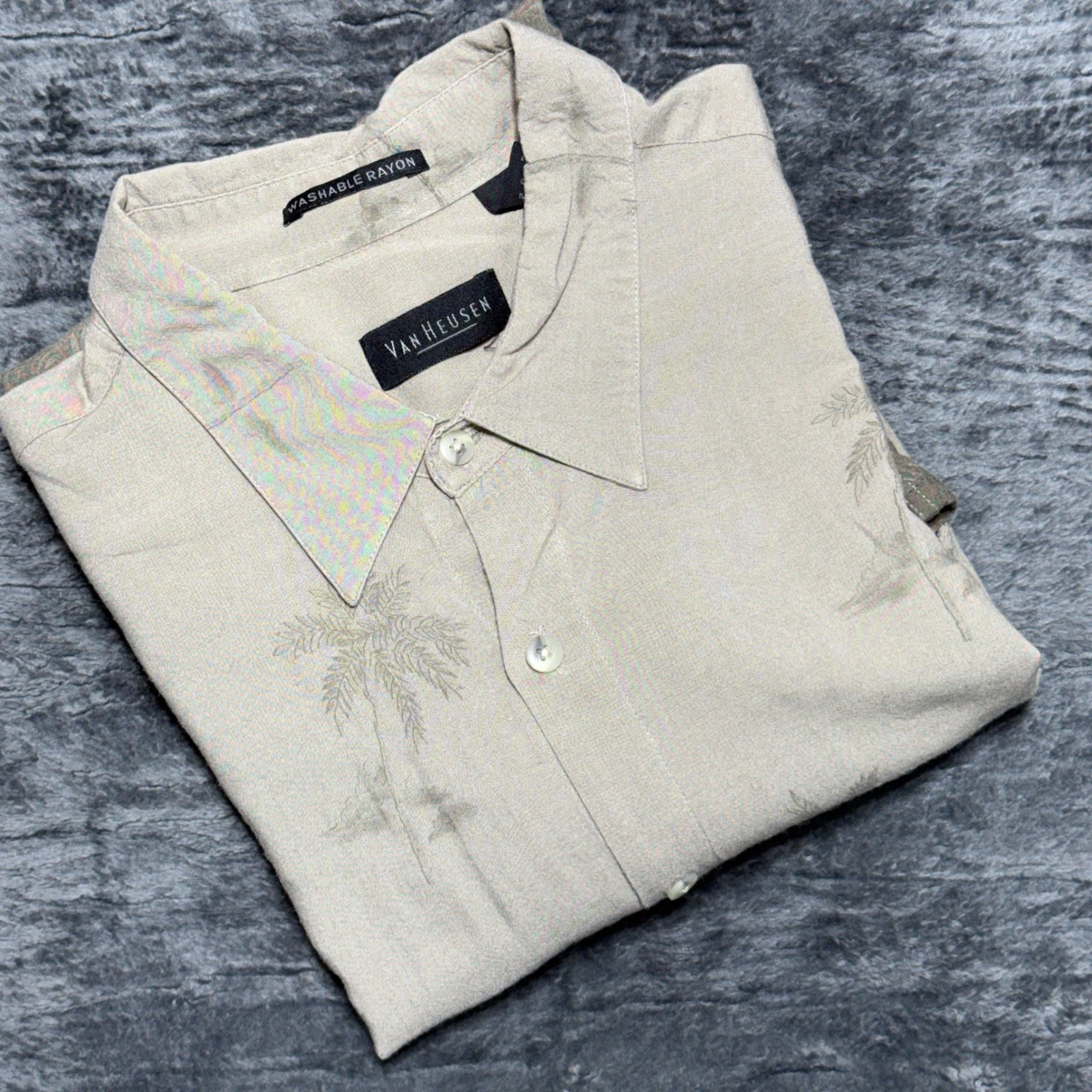 Van Heusen Button Down Shirt Mens XL Tan Ombre Palm Tree Rayon