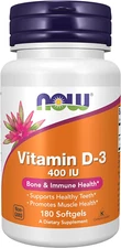 NOW Foods Vitamin D-3 400 IU, Strong Bones*, Structural Support, 180 Softgels