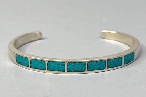 VTG Zuni Sterling Silver-Turquoise Channel Inlay Cuff Bracelet/Handmade  18g - Picture 8 of 16