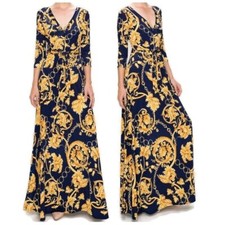 Janette Fashion Gold Floral and Chains Navy Faux Wrap Maxi Dress