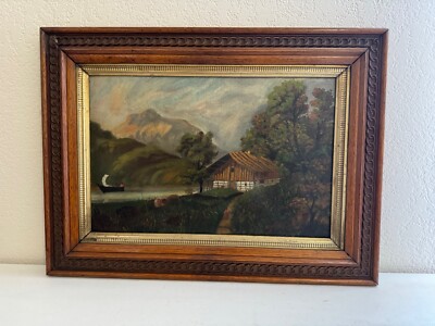 Antique Oil Painting Mountain Landscape w/ Figures in Nice Oak Frame