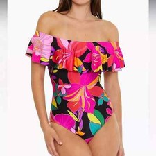 NWT Trina Turk Floral Solar One Piece Off The Shoulder Ruffle Swimsuit Size 10